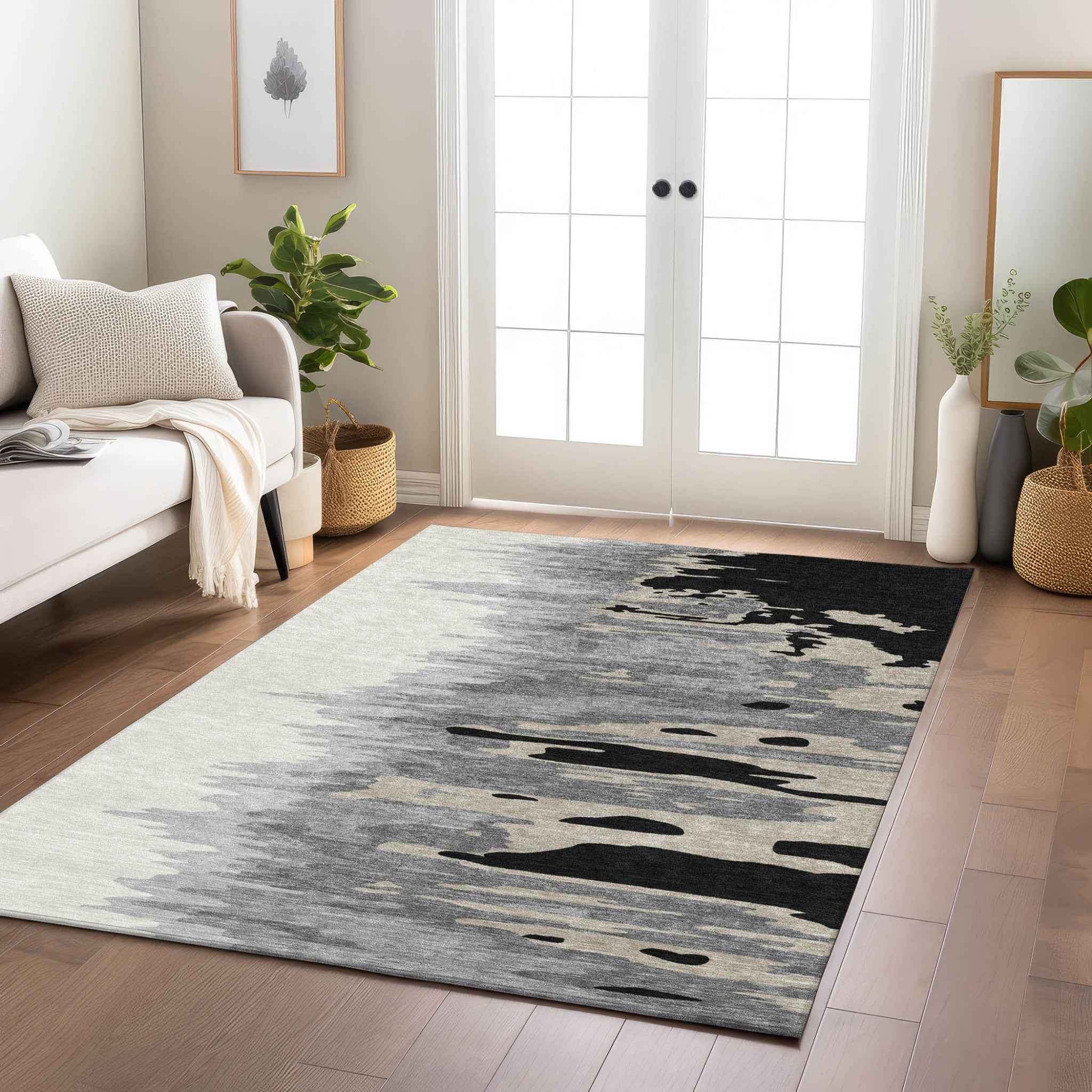 3' X 5' Black Gray And Ivory Abstract Washable Indoor Outdoor Area Rug