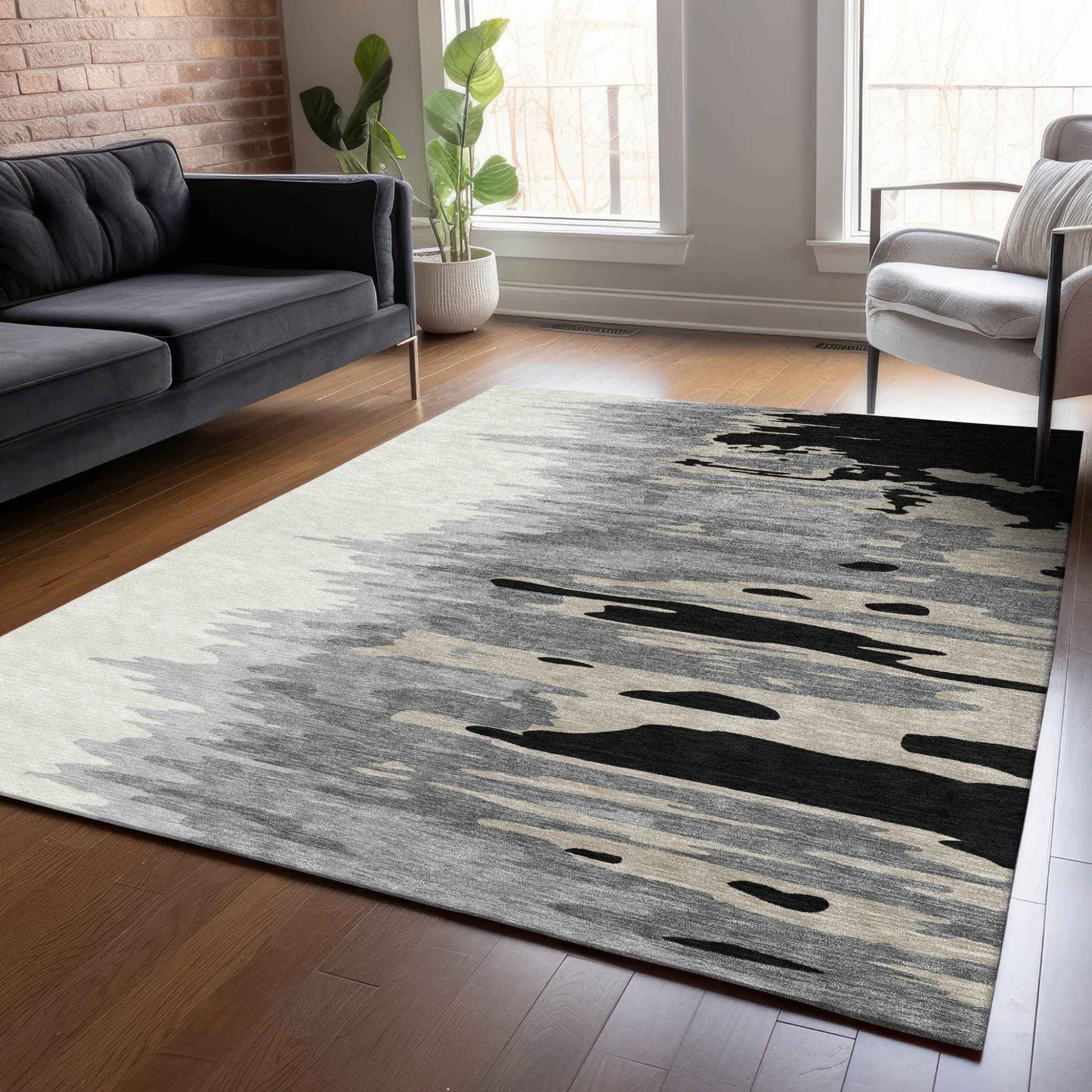 3' X 5' Black Gray And Ivory Abstract Washable Indoor Outdoor Area Rug