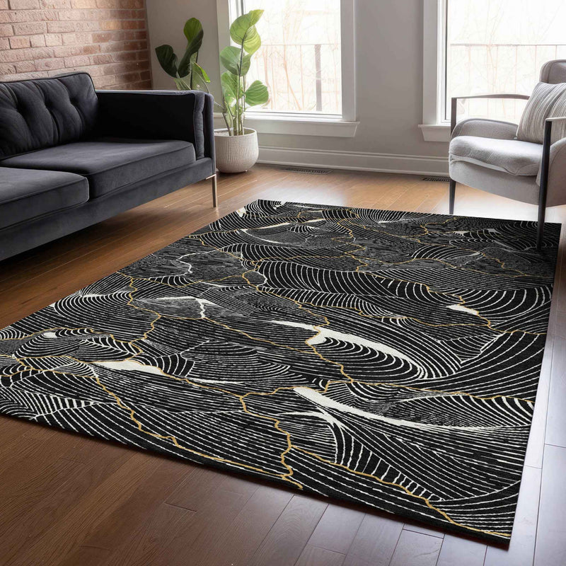 10' X 14' Black Ivory And Gold Abstract Washable Indoor Outdoor Area Rug