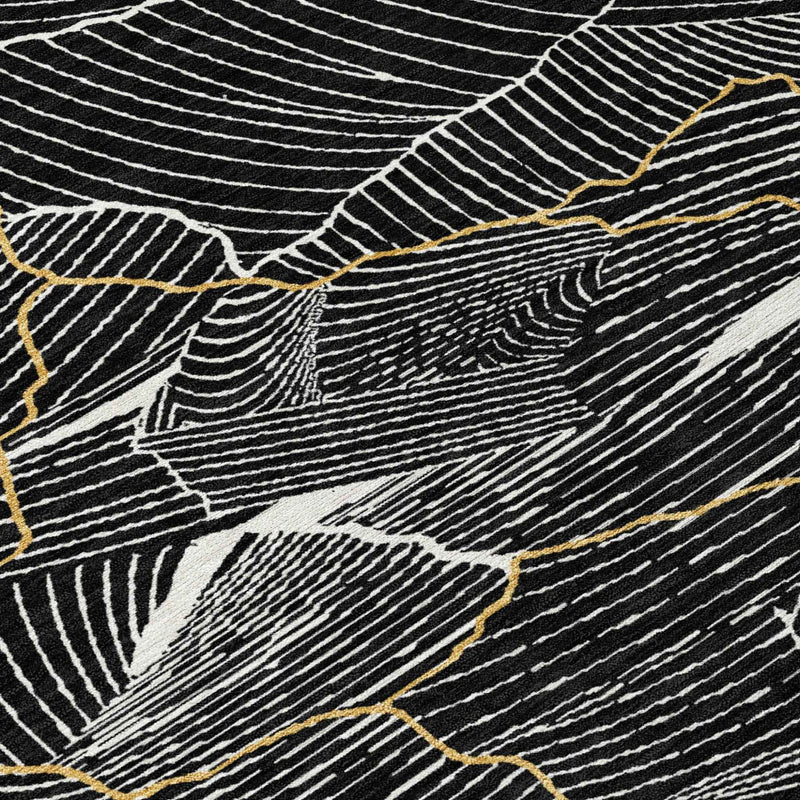 10' X 14' Black Ivory And Gold Abstract Washable Indoor Outdoor Area Rug