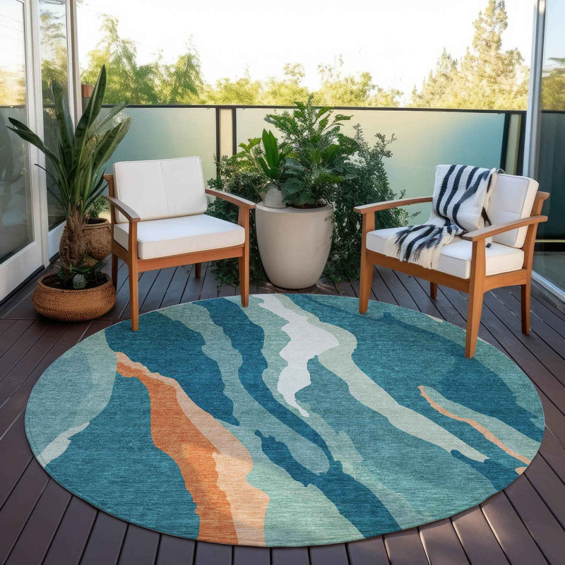 8' Teal Blue Copper And Ivory Round Abstract Washable Indoor Outdoor Area Rug