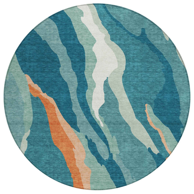8' Teal Blue Copper And Ivory Round Abstract Washable Indoor Outdoor Area Rug