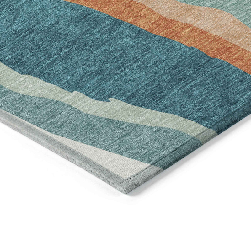 8' Teal Blue Copper And Ivory Round Abstract Washable Indoor Outdoor Area Rug