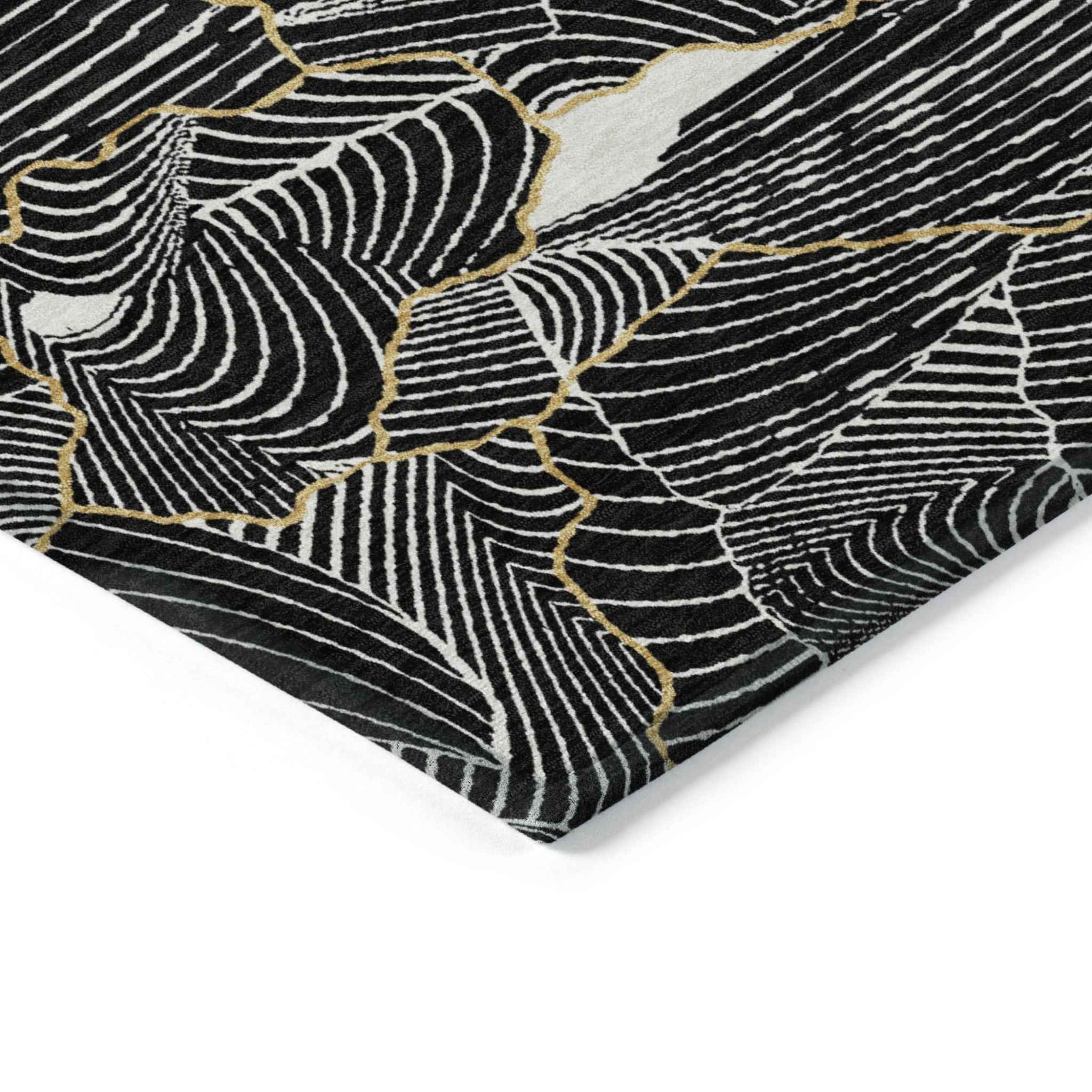 3' X 5' Black Ivory And Gold Abstract Washable Indoor Outdoor Area Rug