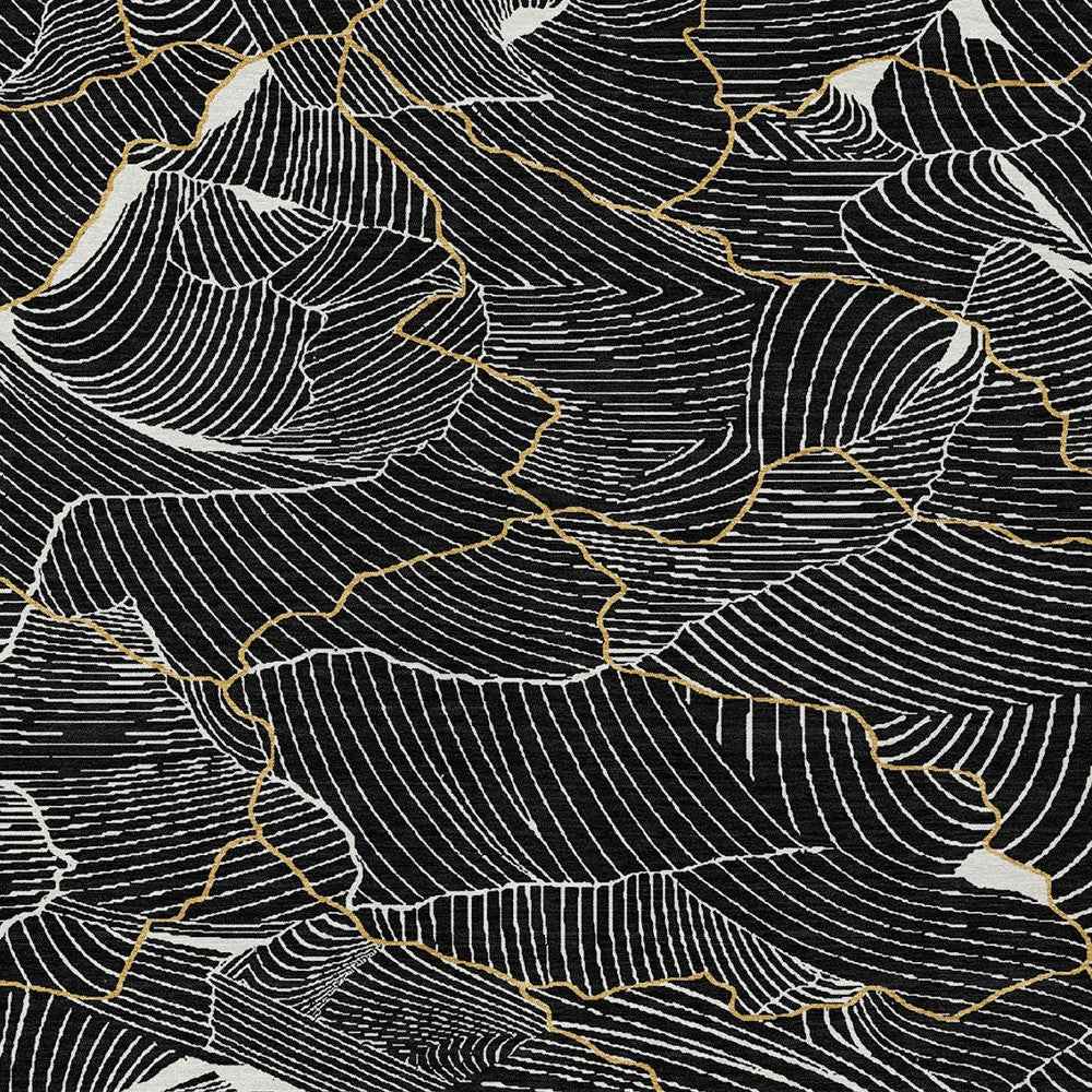 3' X 5' Black Ivory And Gold Abstract Washable Indoor Outdoor Area Rug