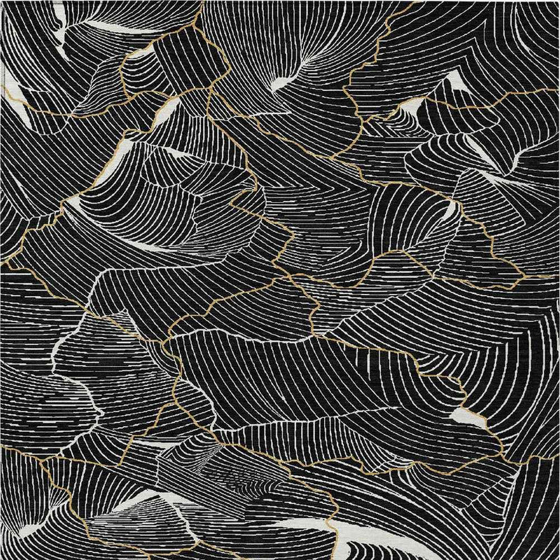 3' X 5' Black Ivory And Gold Abstract Washable Indoor Outdoor Area Rug