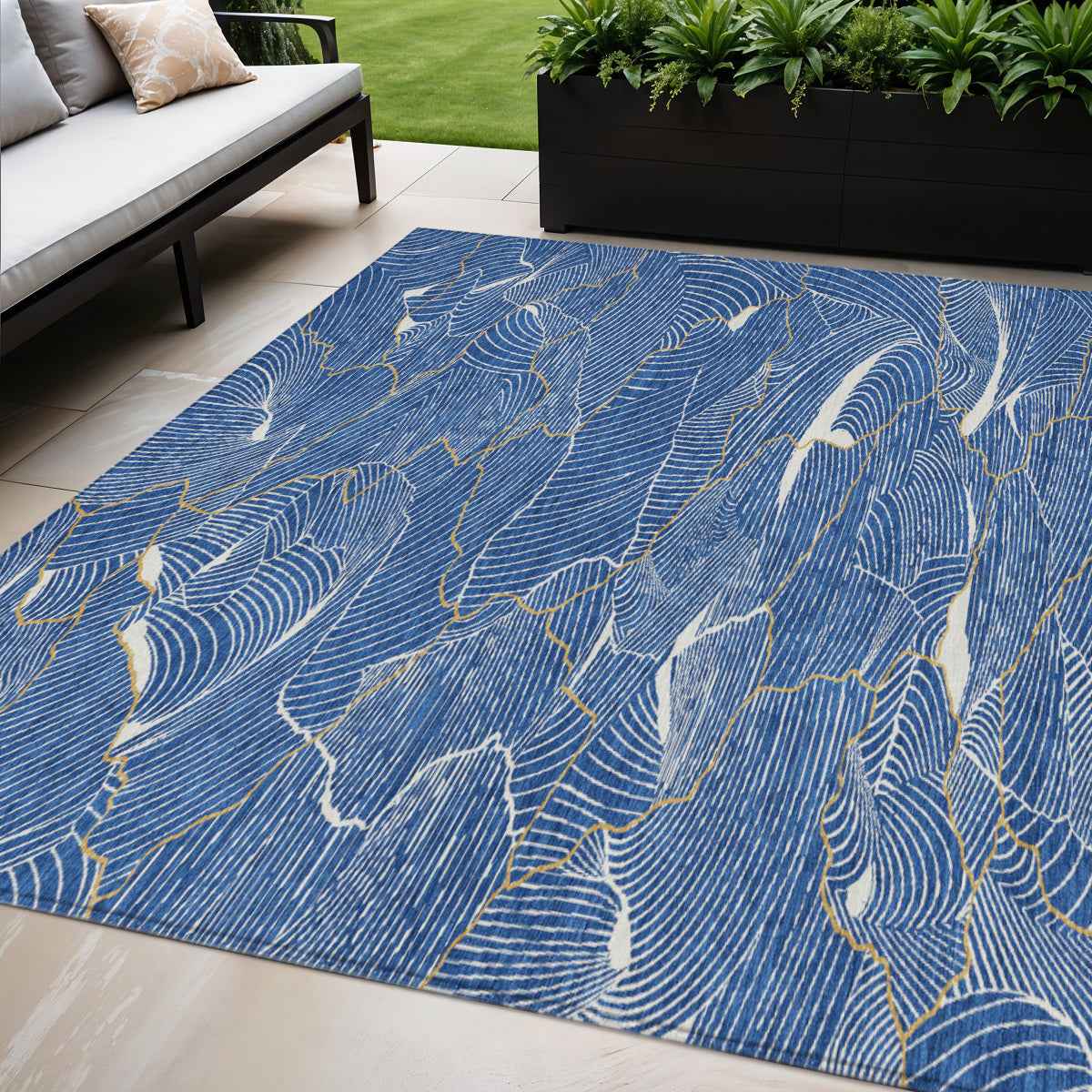 5' X 8' Blue Ivory And Gold Abstract Washable Indoor Outdoor Area Rug