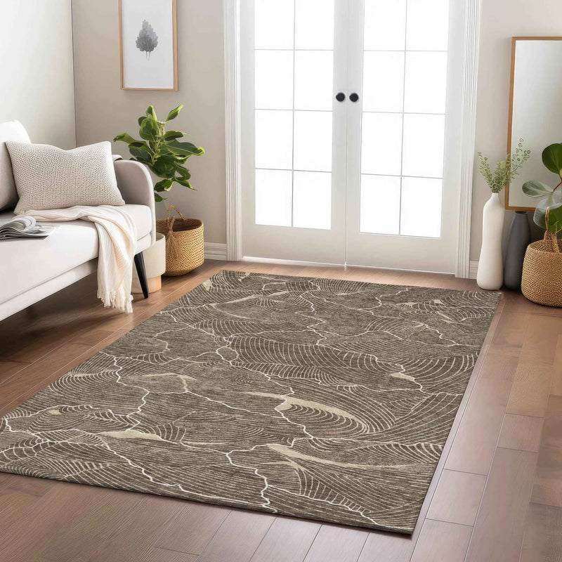 5' X 8' Brown And Ivory Abstract Washable Indoor Outdoor Area Rug