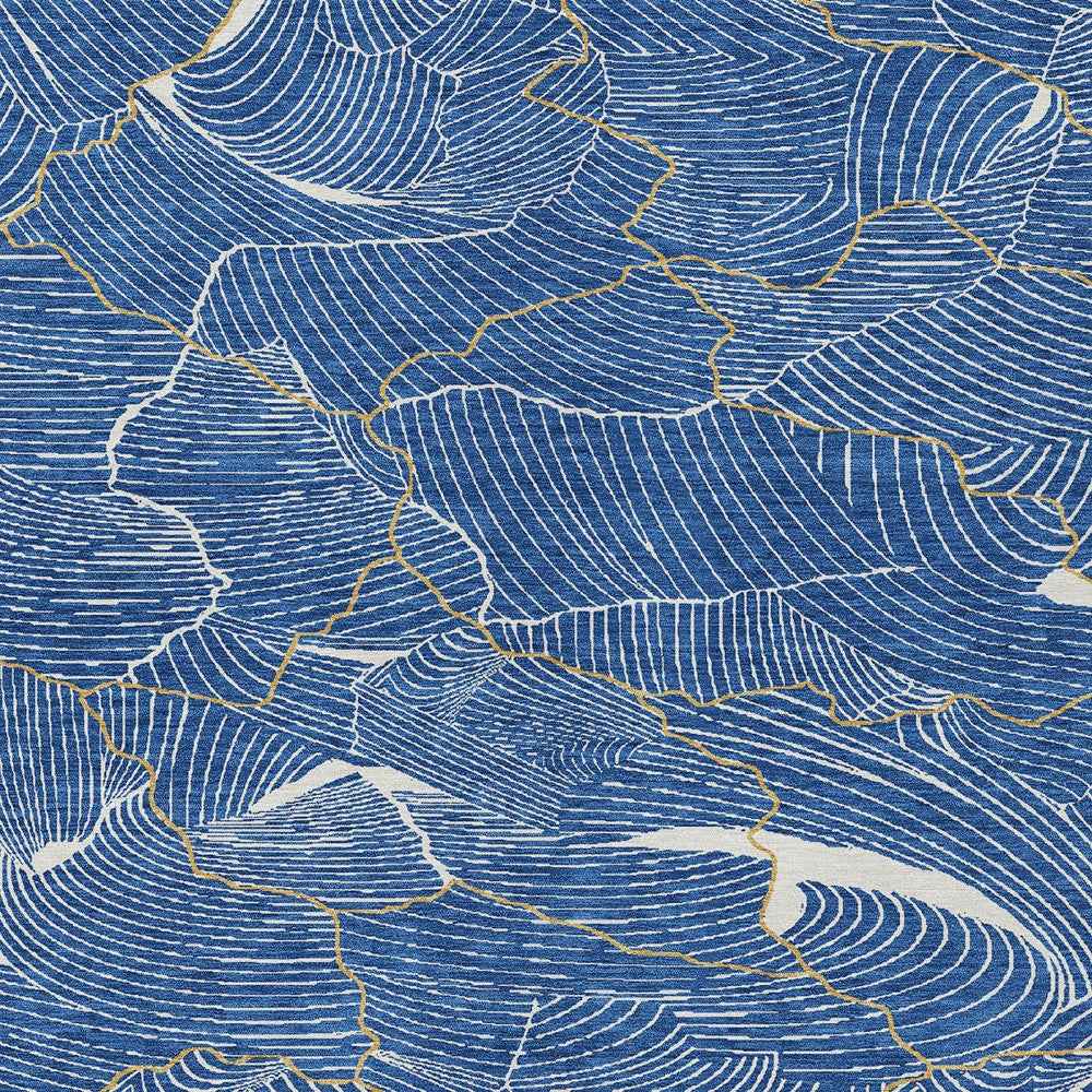 5' X 8' Blue Ivory And Gold Abstract Washable Indoor Outdoor Area Rug