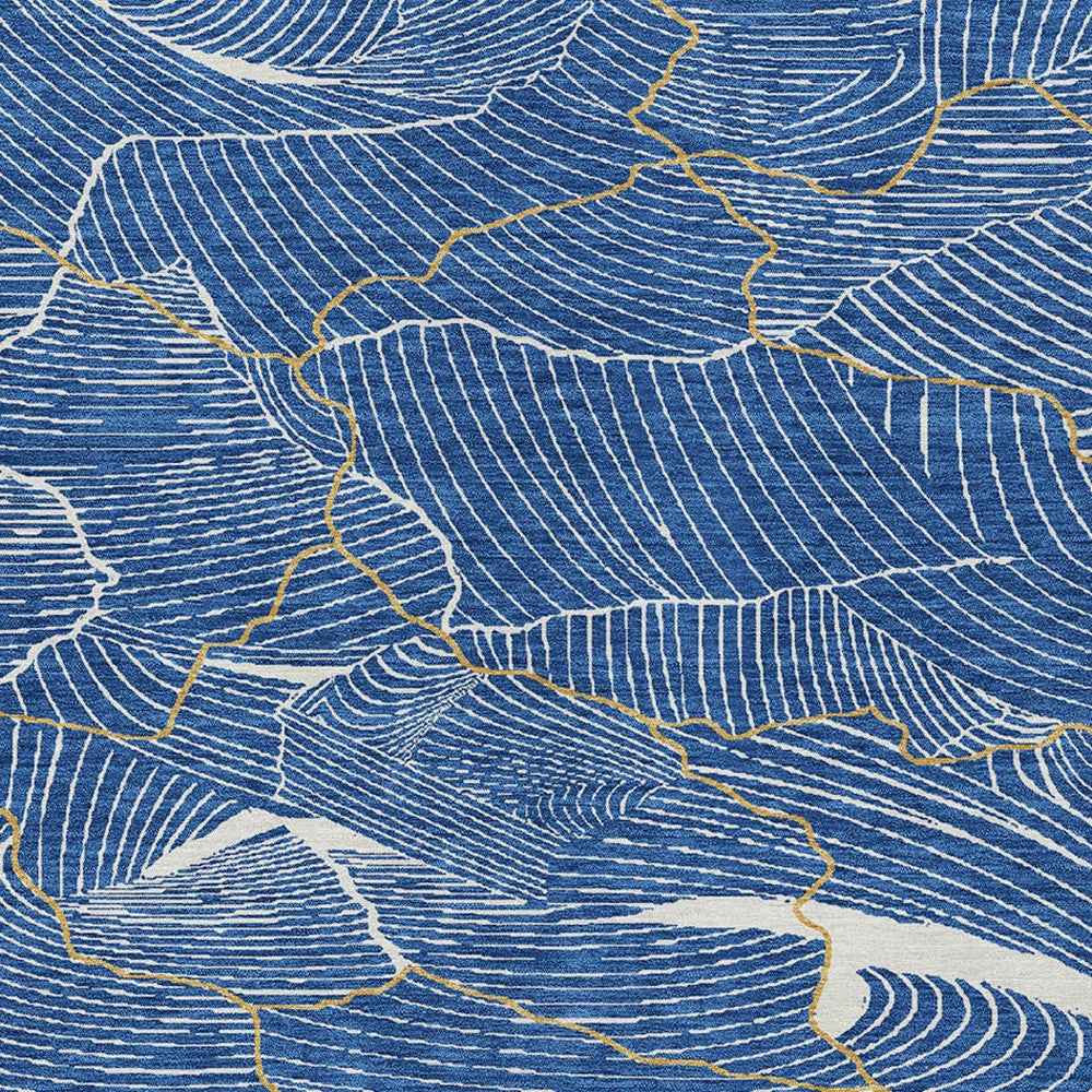 5' X 8' Blue Ivory And Gold Abstract Washable Indoor Outdoor Area Rug