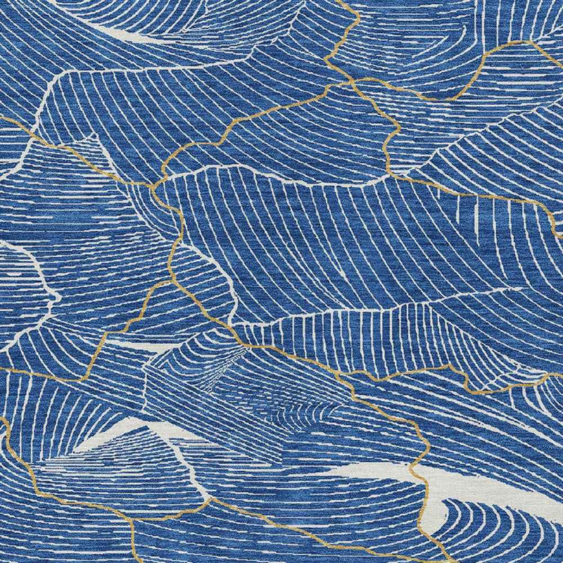 5' X 8' Blue Ivory And Gold Abstract Washable Indoor Outdoor Area Rug