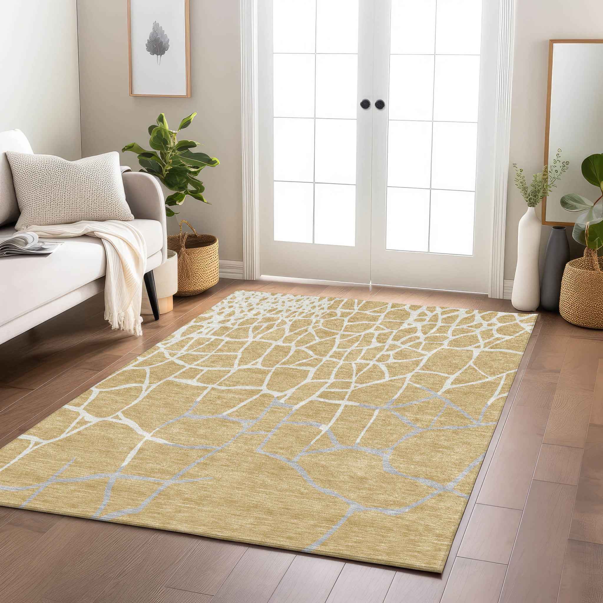 10' X 14' Gold And Beige Abstract Washable Indoor Outdoor Area Rug