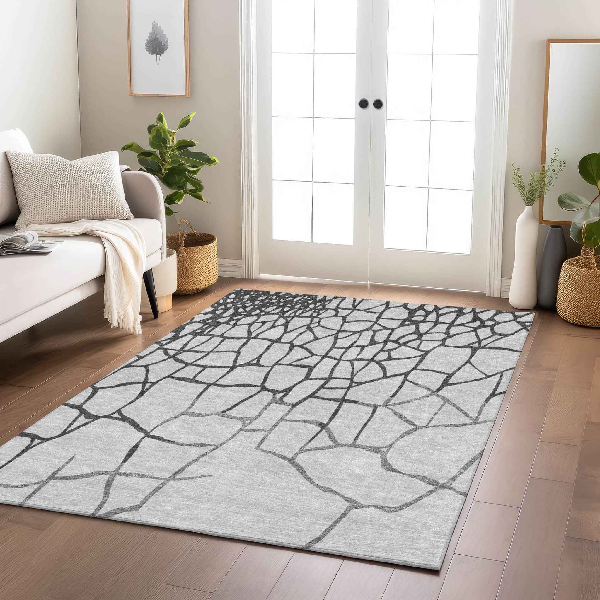 3' X 5' Gray And Charcoal Abstract Washable Indoor Outdoor Area Rug