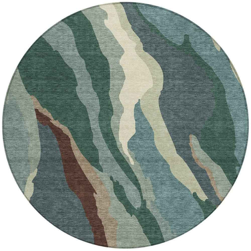 8' Sage Brown And Beige Round Abstract Washable Indoor Outdoor Area Rug