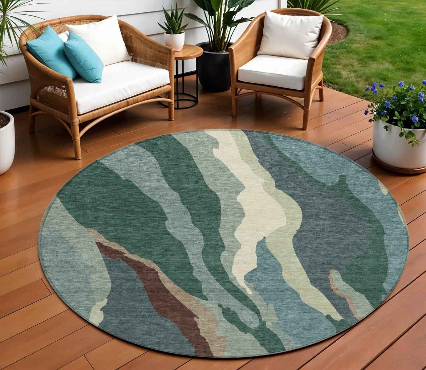 8' Sage Brown And Beige Round Abstract Washable Indoor Outdoor Area Rug