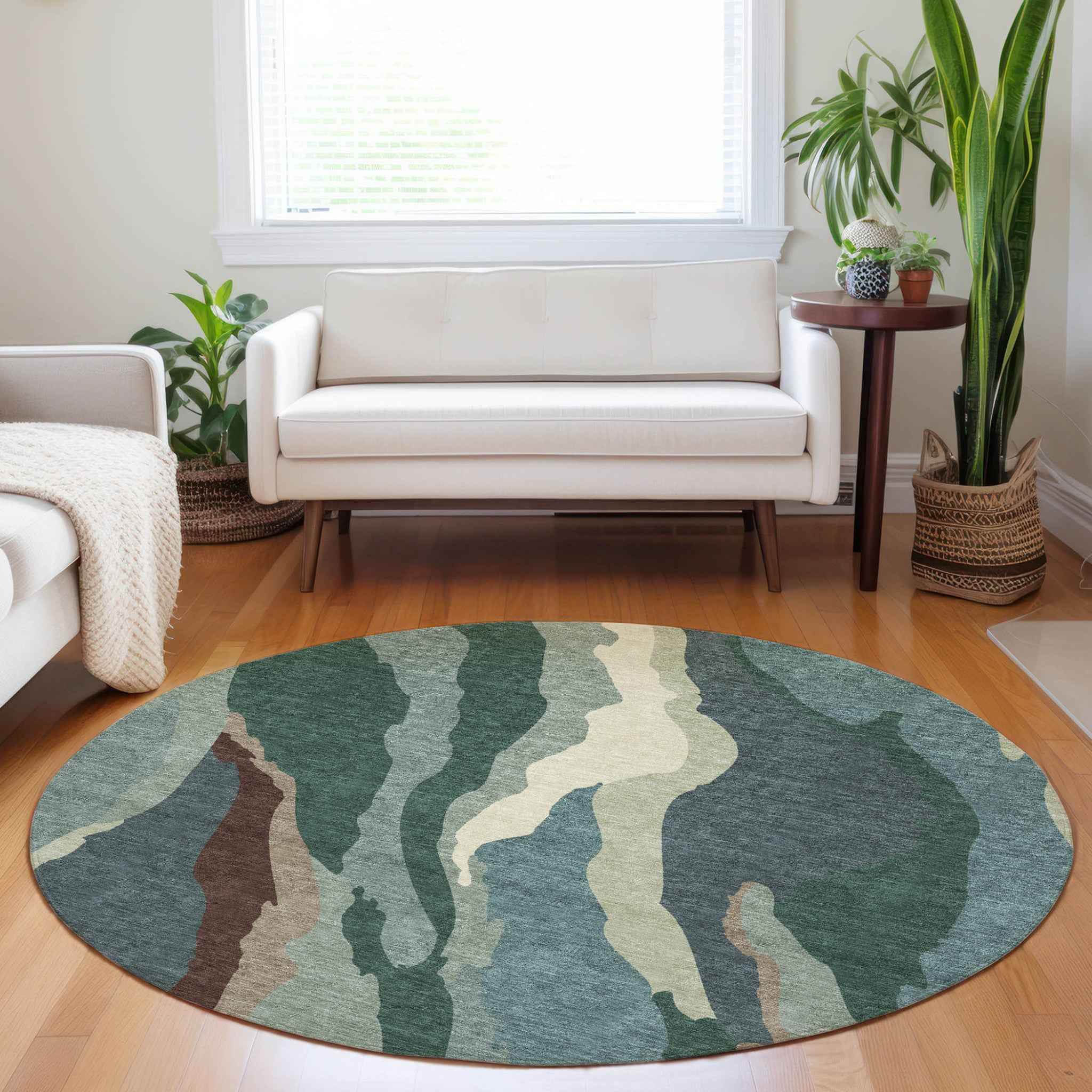 8' Sage Brown And Beige Round Abstract Washable Indoor Outdoor Area Rug