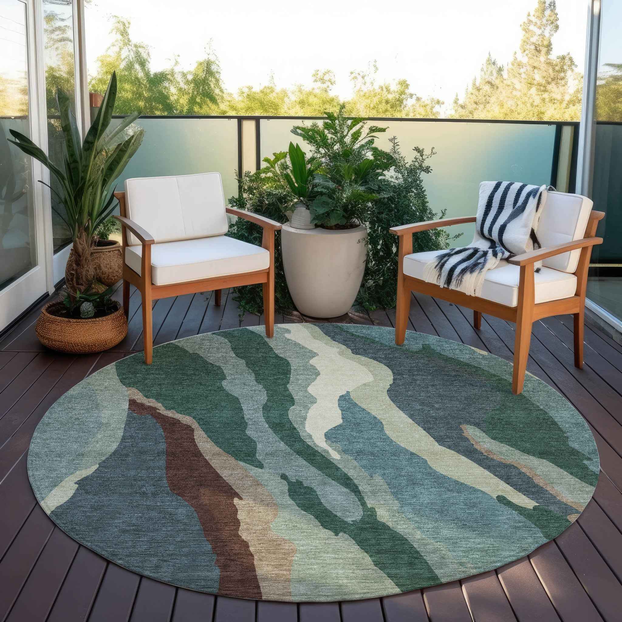 8' Sage Brown And Beige Round Abstract Washable Indoor Outdoor Area Rug