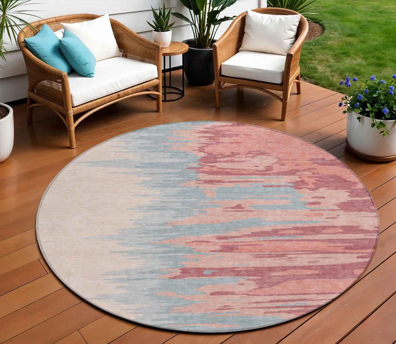 8' Coral Pink And Gray Round Abstract Washable Indoor Outdoor Area Rug
