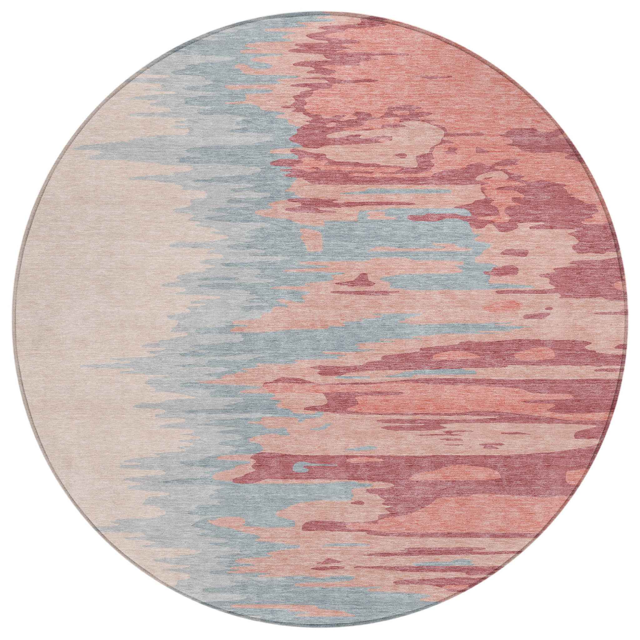 8' Coral Pink And Gray Round Abstract Washable Indoor Outdoor Area Rug