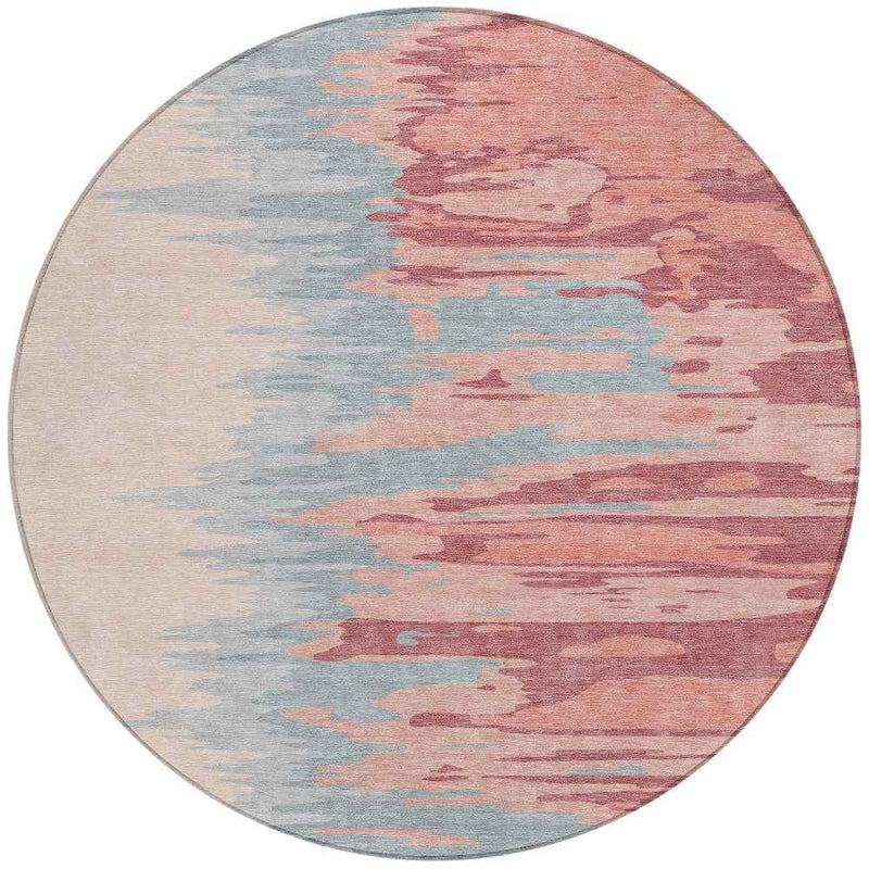 8' Coral Pink And Gray Round Abstract Washable Indoor Outdoor Area Rug