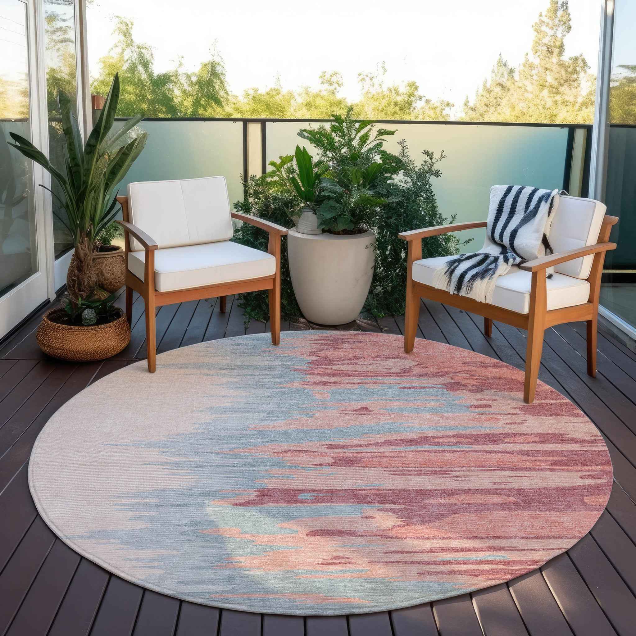8' Coral Pink And Gray Round Abstract Washable Indoor Outdoor Area Rug