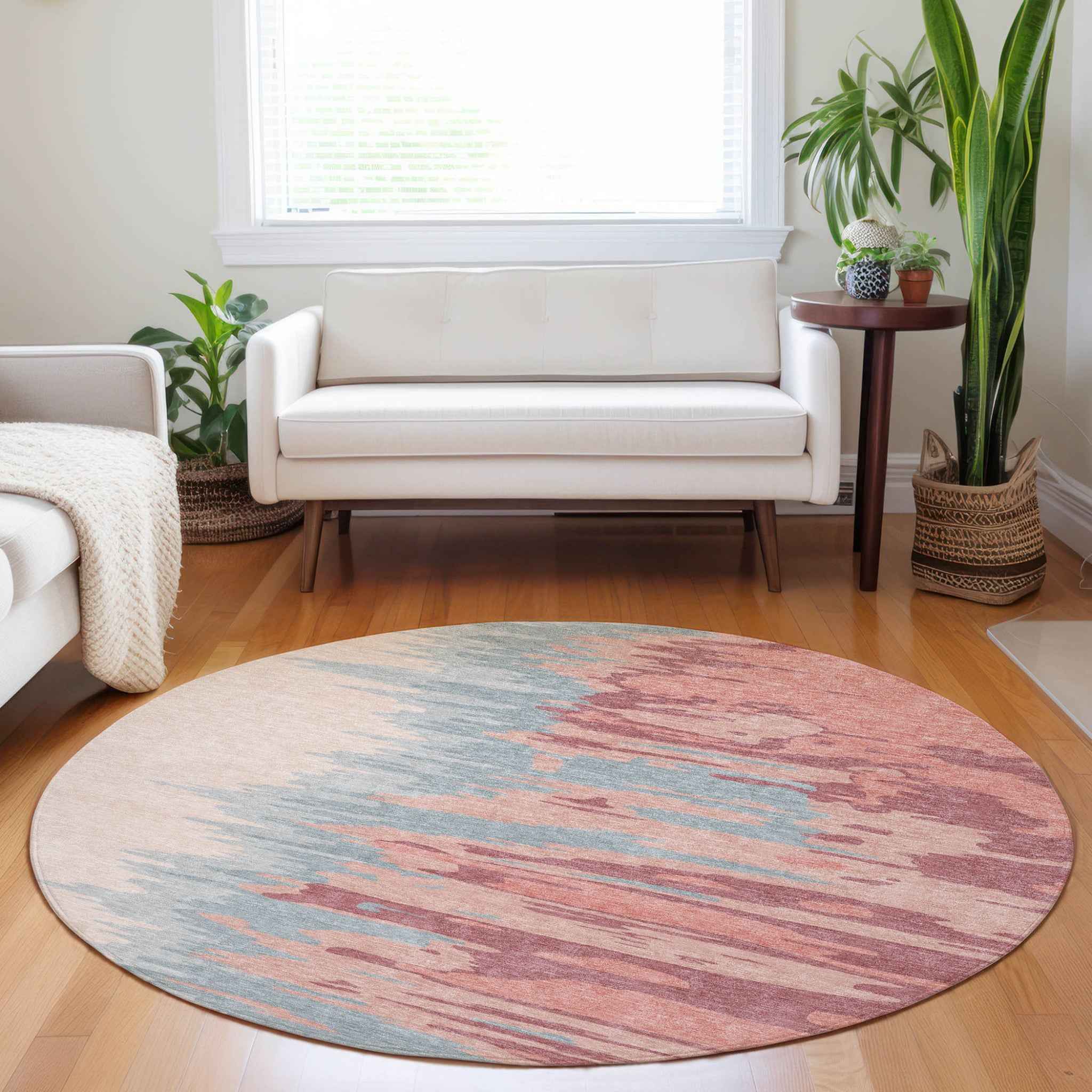 8' Coral Pink And Gray Round Abstract Washable Indoor Outdoor Area Rug
