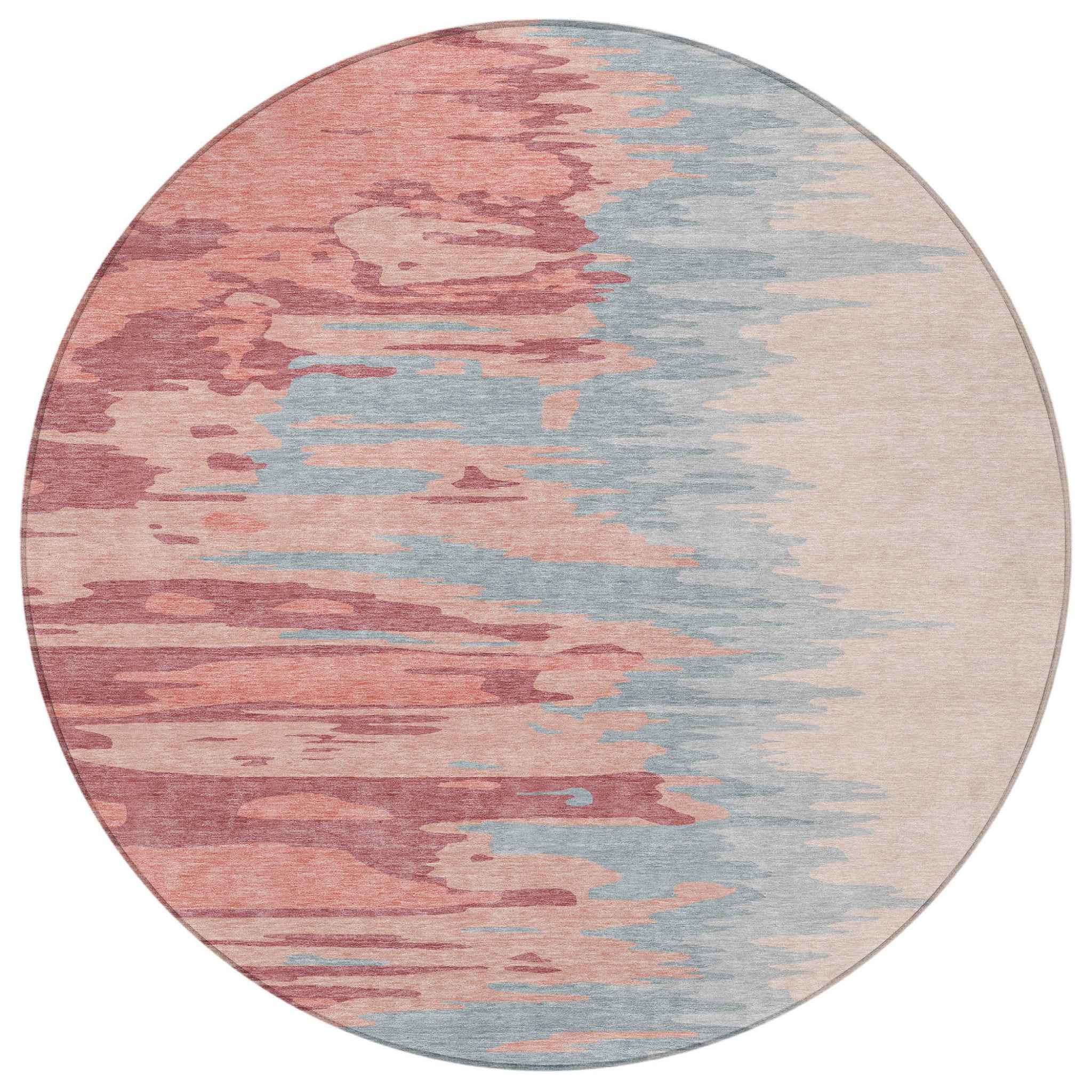 8' Coral Pink And Gray Round Abstract Washable Indoor Outdoor Area Rug