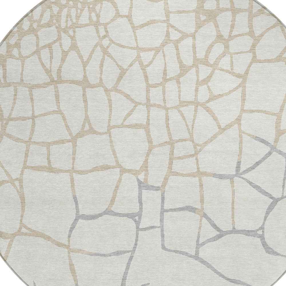 8' Ivory And Beige Round Abstract Washable Indoor Outdoor Area Rug