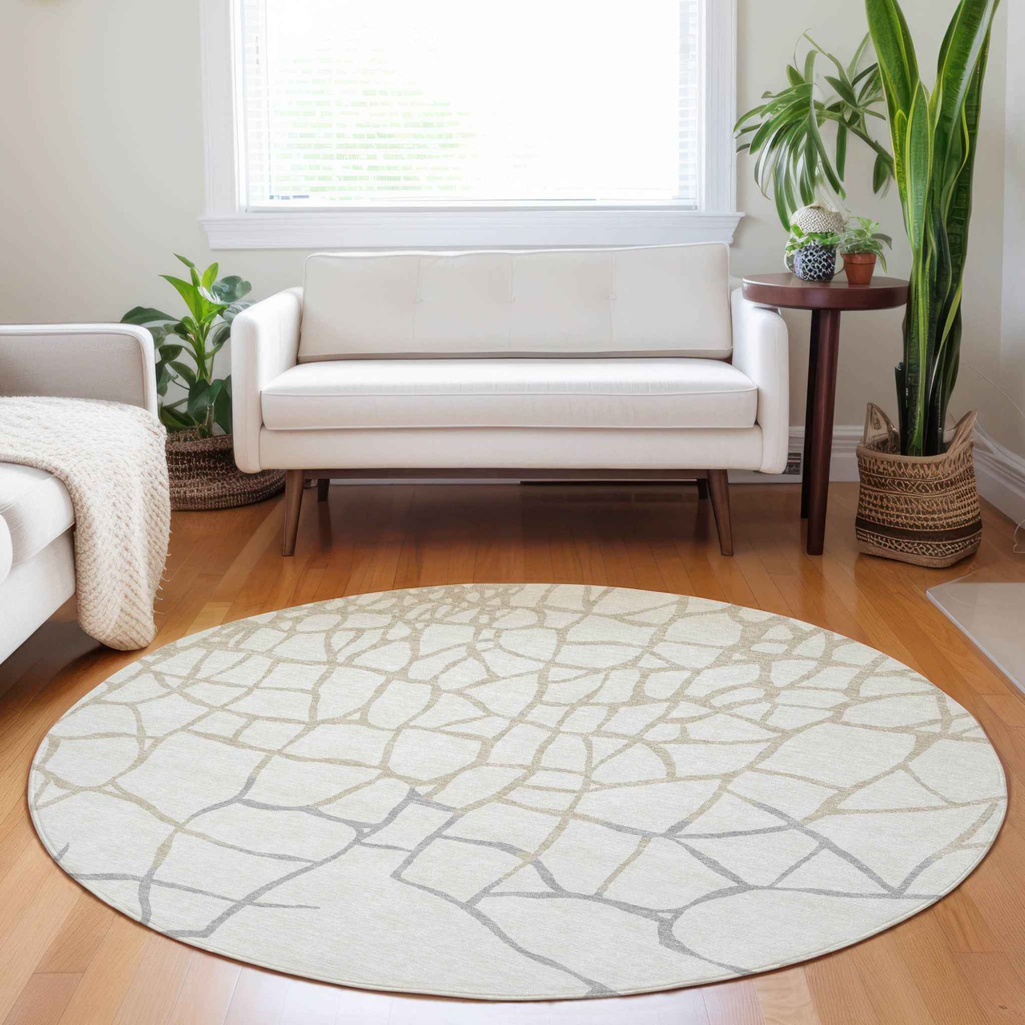 8' Ivory And Beige Round Abstract Washable Indoor Outdoor Area Rug