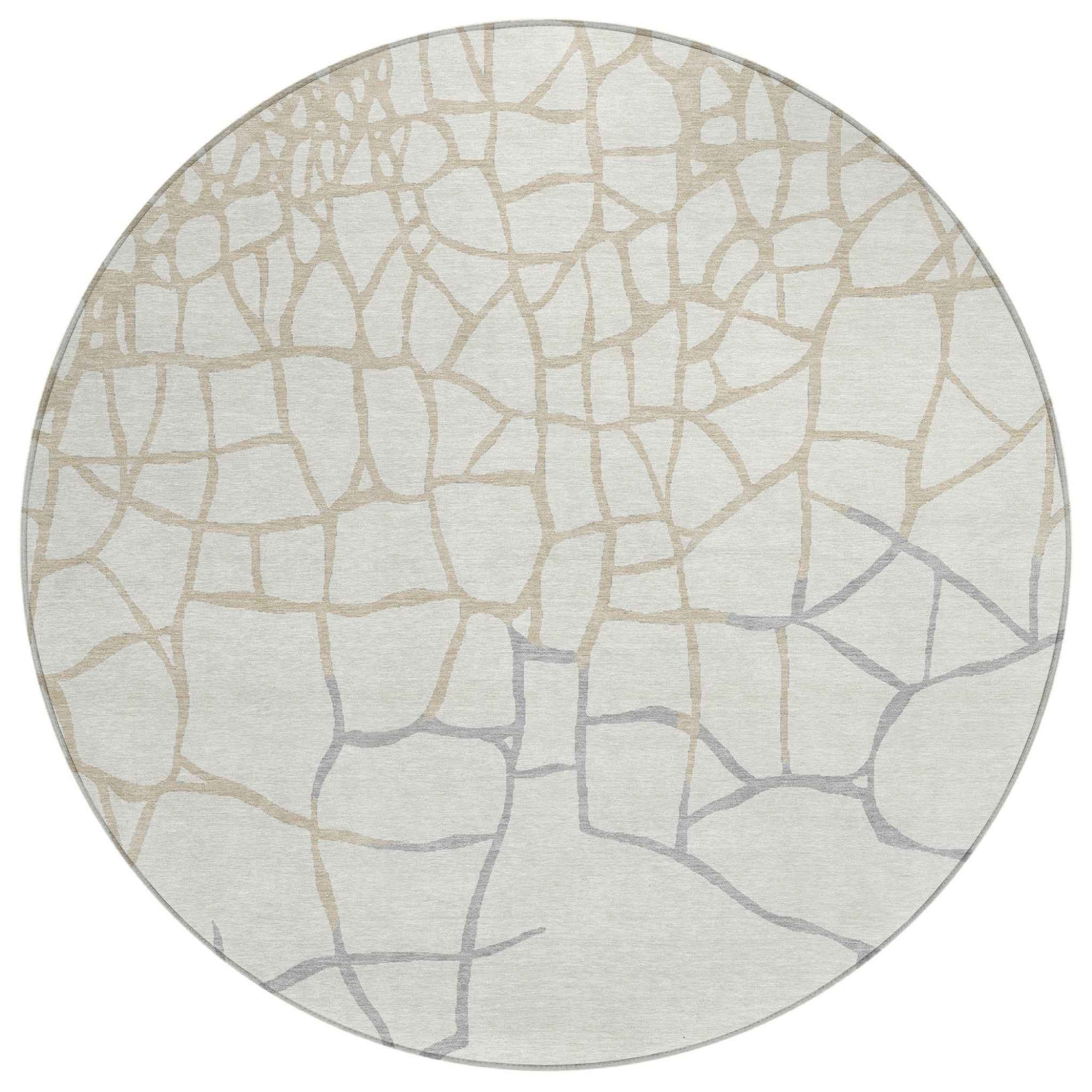 8' Ivory And Beige Round Abstract Washable Indoor Outdoor Area Rug