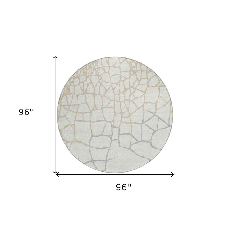 8' Ivory And Beige Round Abstract Washable Indoor Outdoor Area Rug