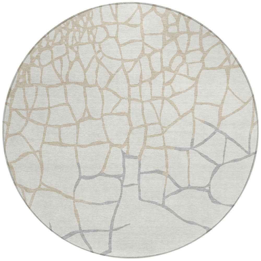 8' Ivory And Beige Round Abstract Washable Indoor Outdoor Area Rug
