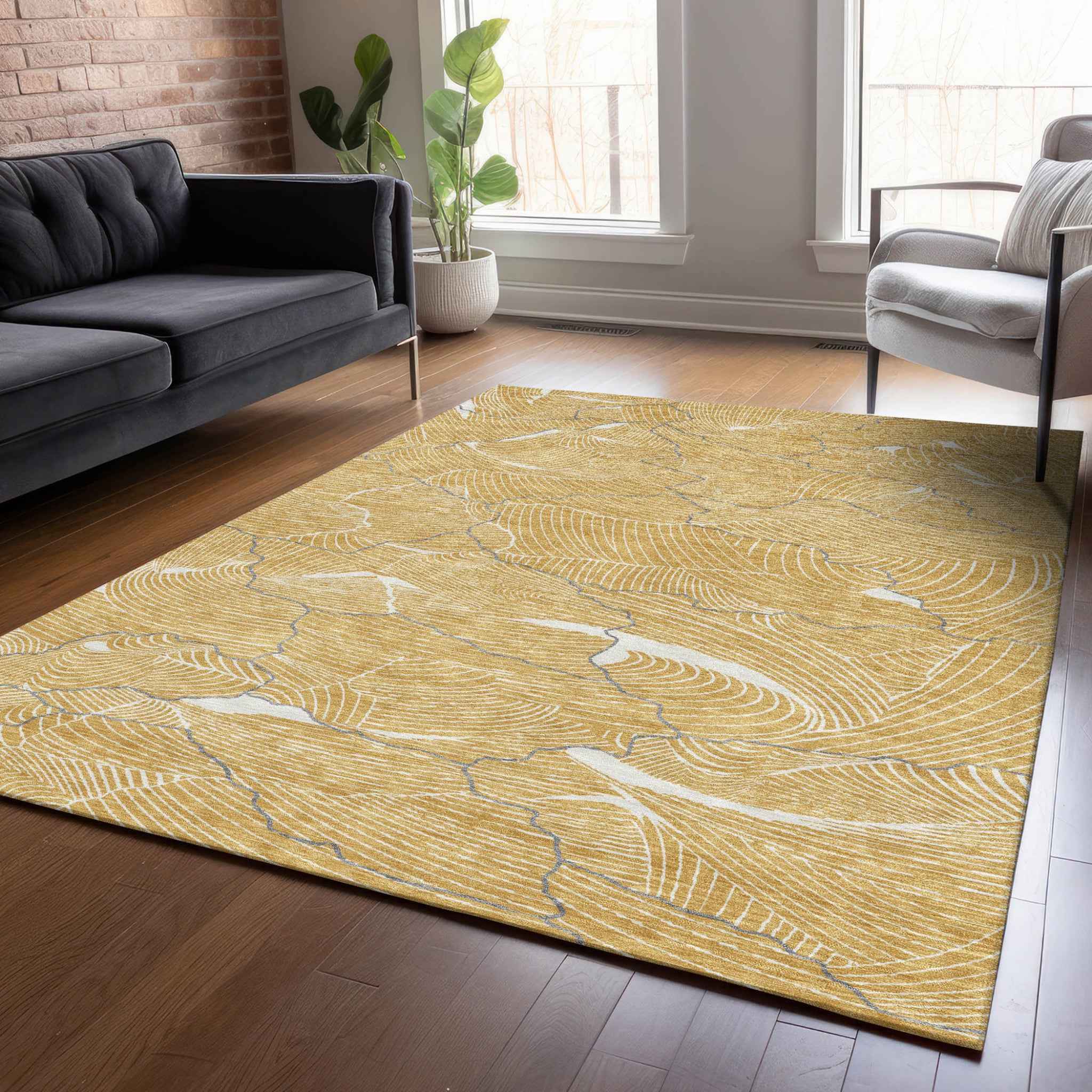 8' X 10' Gold Charcoal And Ivory Abstract Washable Indoor Outdoor Area Rug