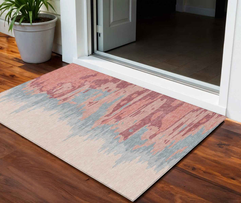 3' X 5' Coral Pink And Gray Abstract Washable Indoor Outdoor Area Rug