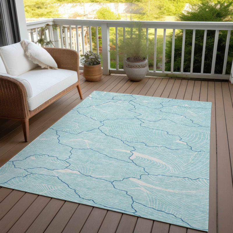 10' X 14' Aqua And Ivory Abstract Washable Indoor Outdoor Area Rug