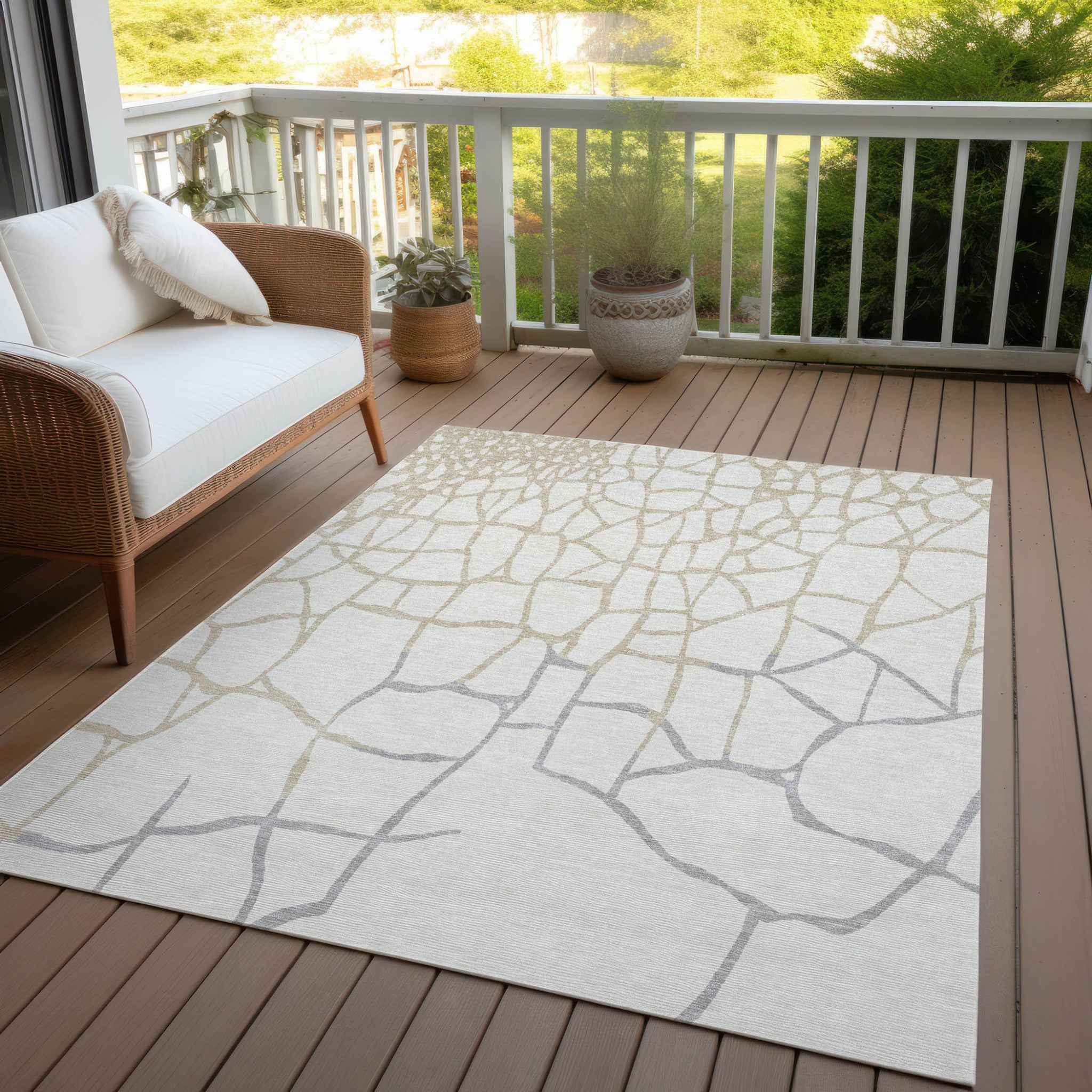 8' X 10' Ivory And Beige Abstract Washable Indoor Outdoor Area Rug