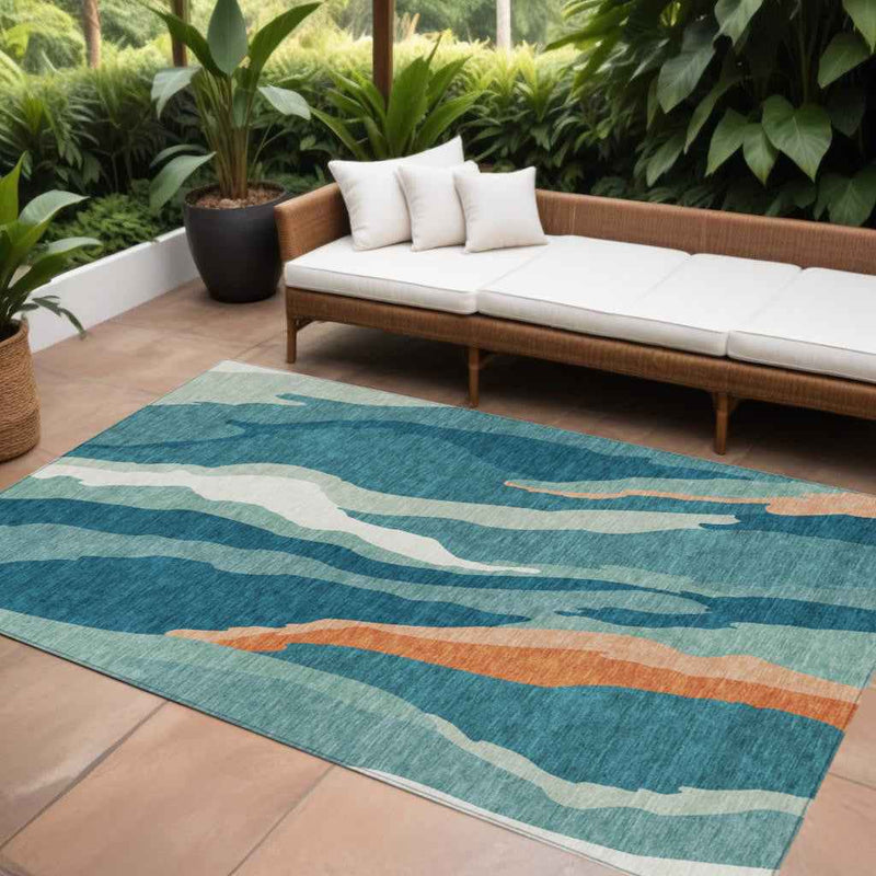 10' X 14' Teal Blue Copper And Ivory Abstract Washable Indoor Outdoor Area Rug