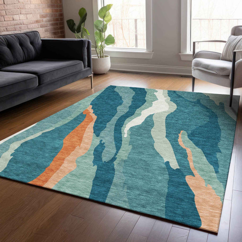 10' X 14' Teal Blue Copper And Ivory Abstract Washable Indoor Outdoor Area Rug