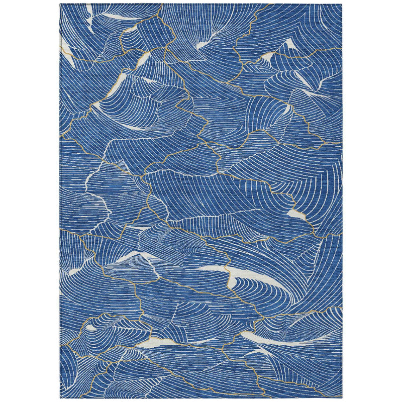 3' X 5' Blue Ivory And Gold Abstract Washable Indoor Outdoor Area Rug