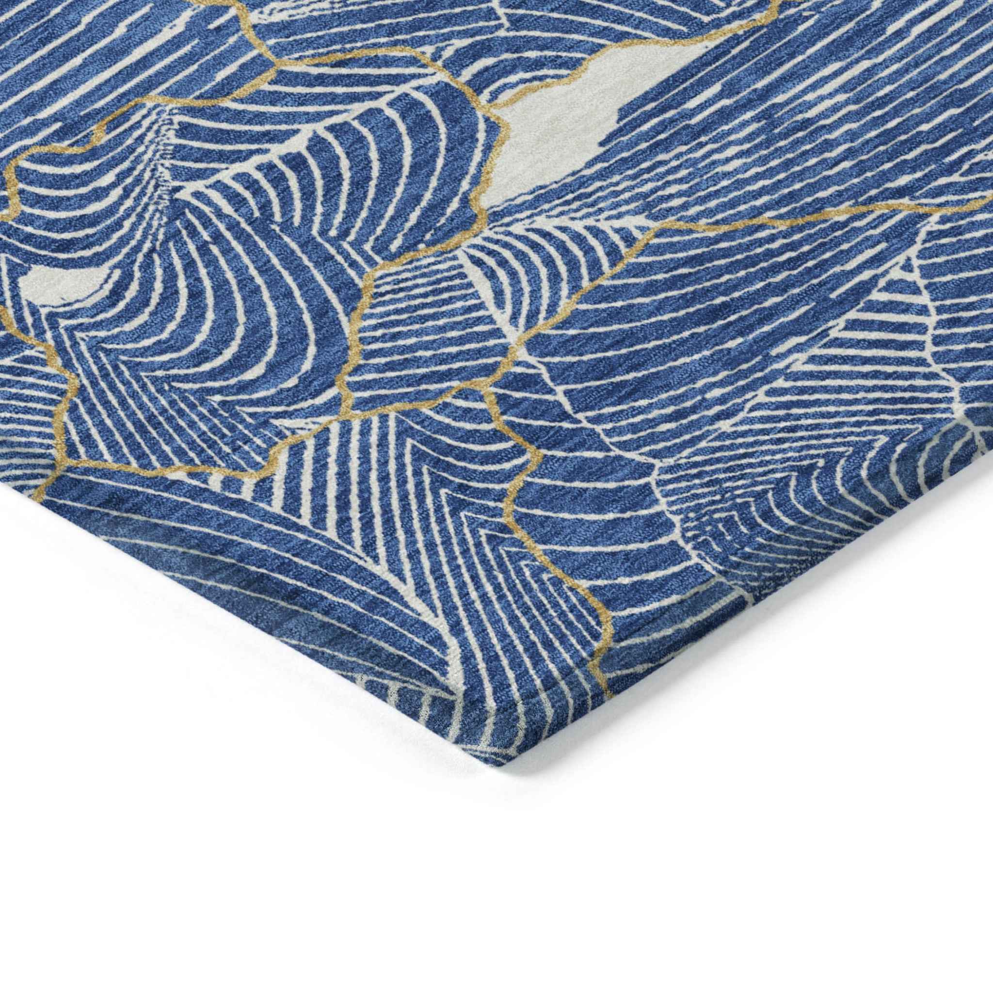 3' X 5' Blue Ivory And Gold Abstract Washable Indoor Outdoor Area Rug