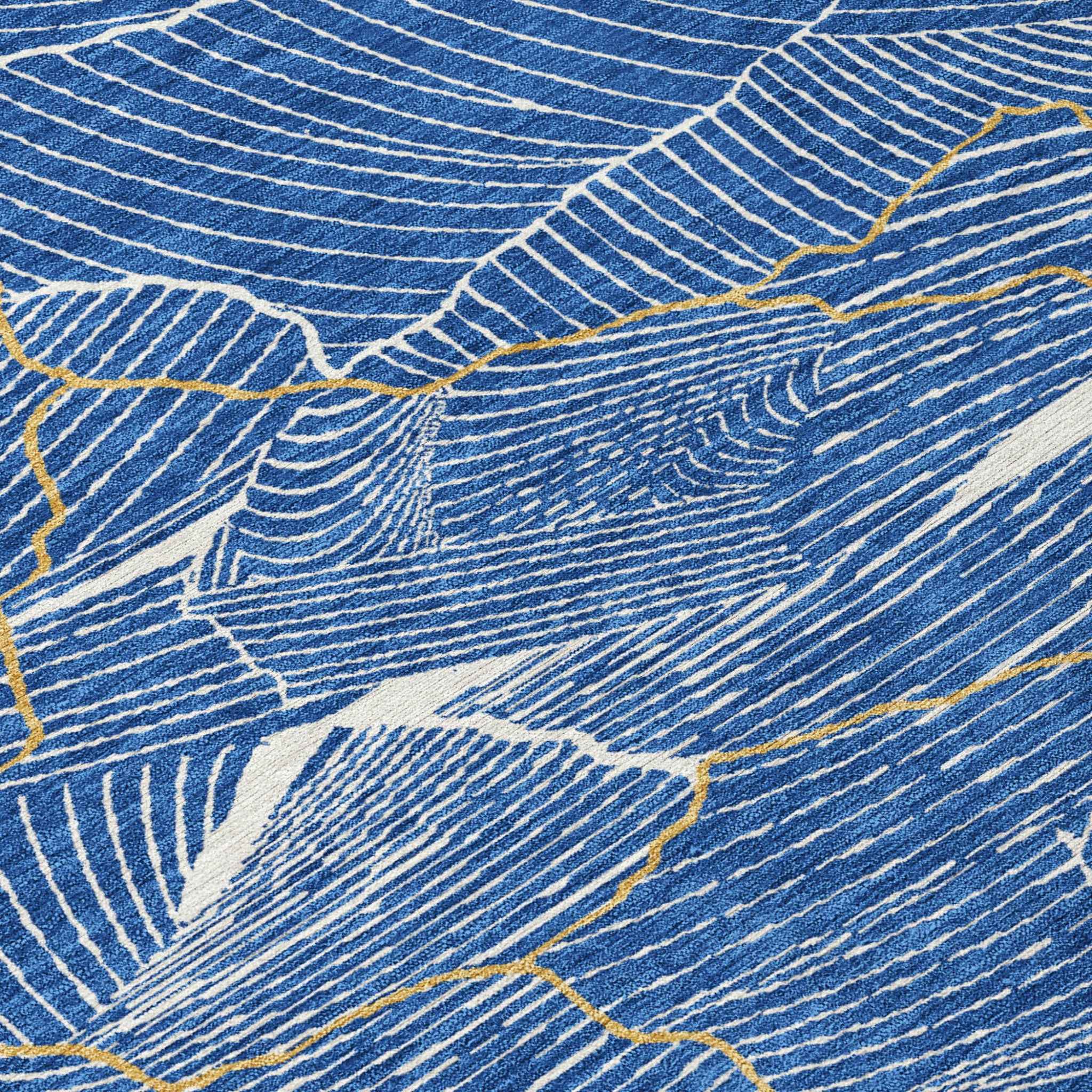 3' X 5' Blue Ivory And Gold Abstract Washable Indoor Outdoor Area Rug