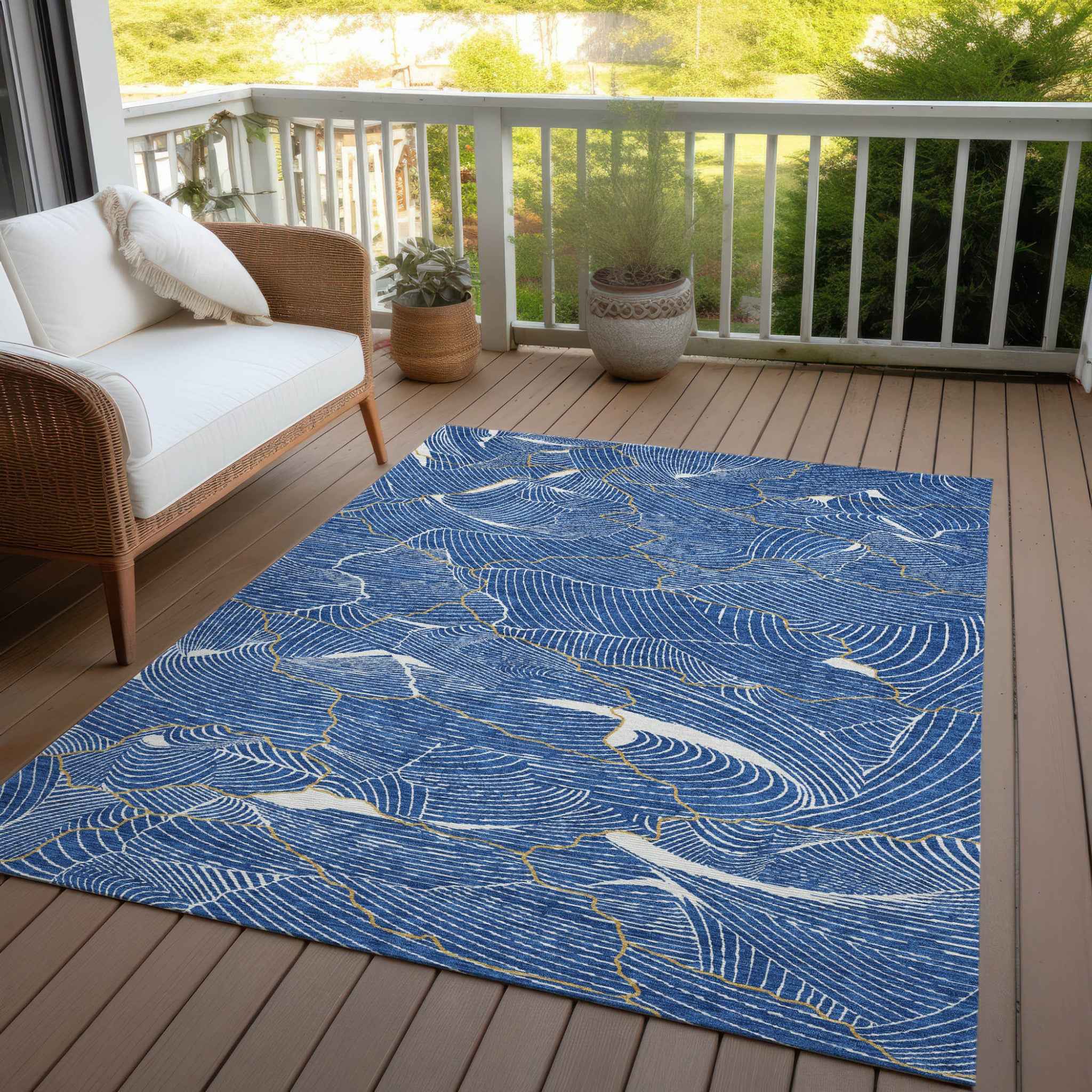 3' X 5' Blue Ivory And Gold Abstract Washable Indoor Outdoor Area Rug