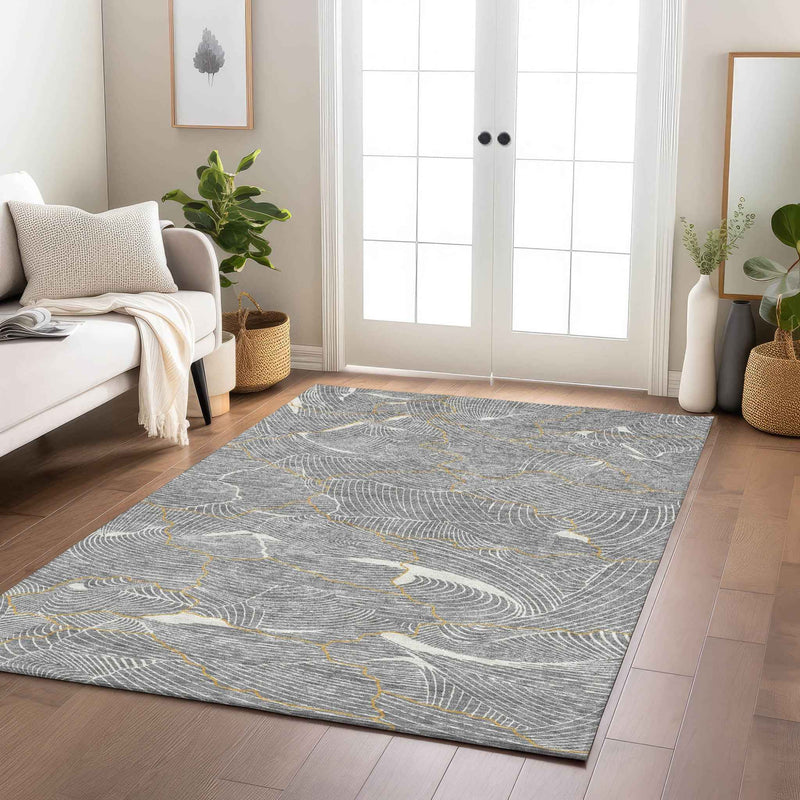 10' X 14' Gray Brown And Ivory Abstract Washable Indoor Outdoor Area Rug