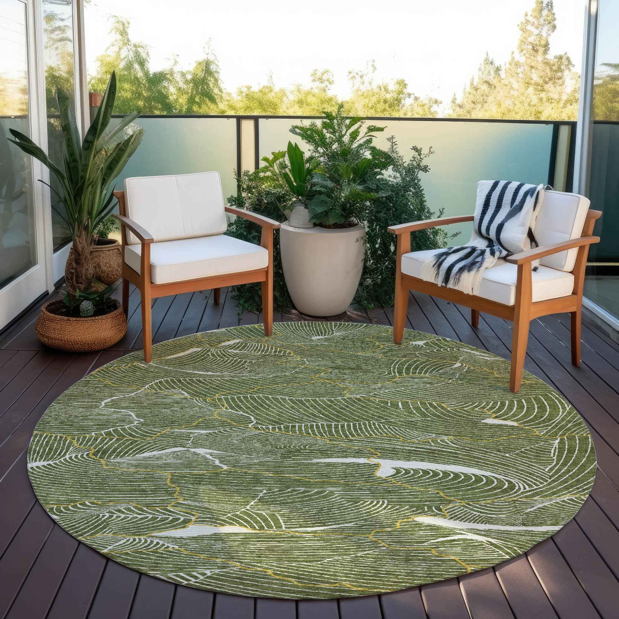 8' Olive Green Gold And Ivory Round Abstract Washable Indoor Outdoor Area Rug