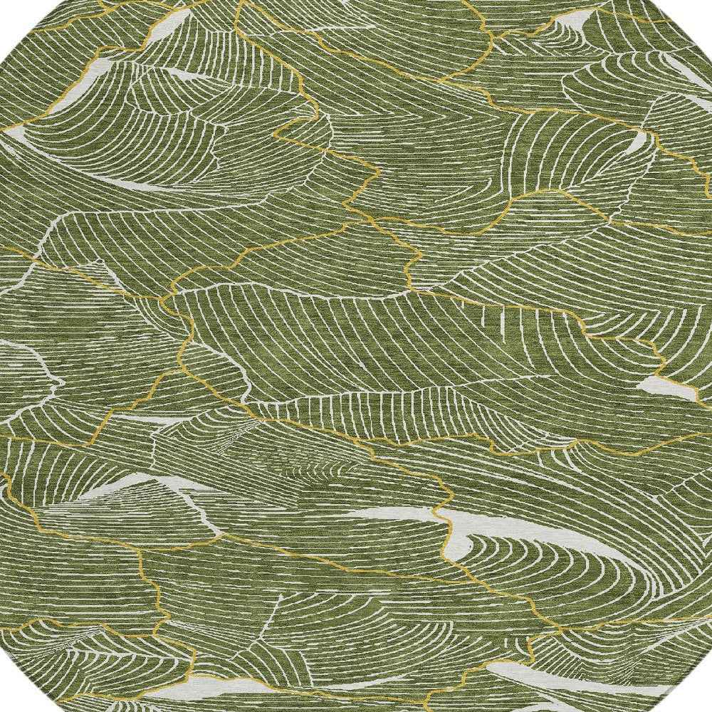 8' Olive Green Gold And Ivory Round Abstract Washable Indoor Outdoor Area Rug
