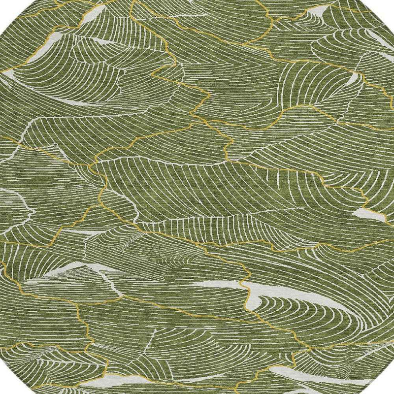 8' Olive Green Gold And Ivory Round Abstract Washable Indoor Outdoor Area Rug