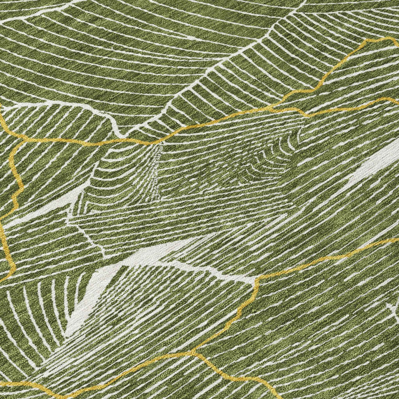 8' Olive Green Gold And Ivory Round Abstract Washable Indoor Outdoor Area Rug