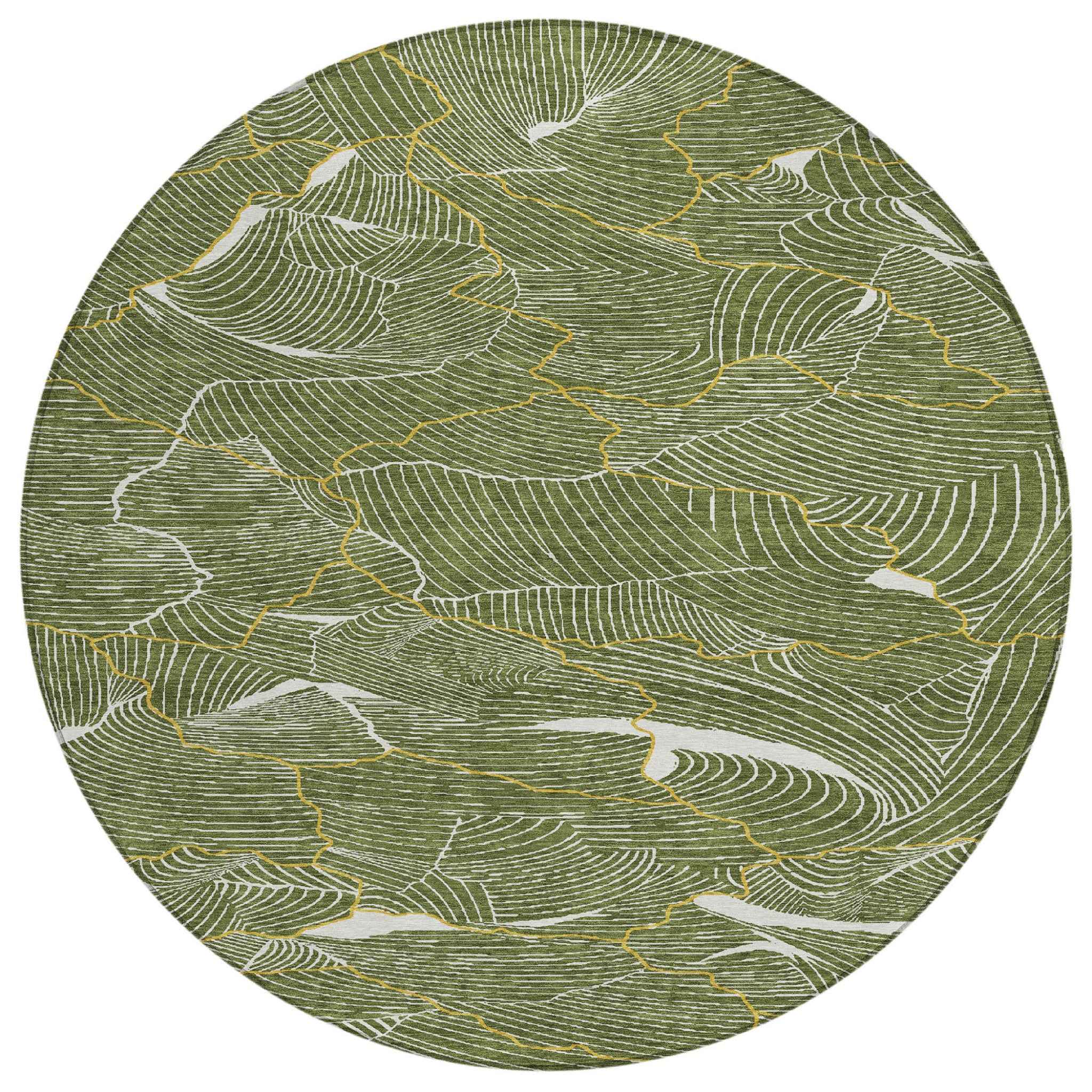 8' Olive Green Gold And Ivory Round Abstract Washable Indoor Outdoor Area Rug