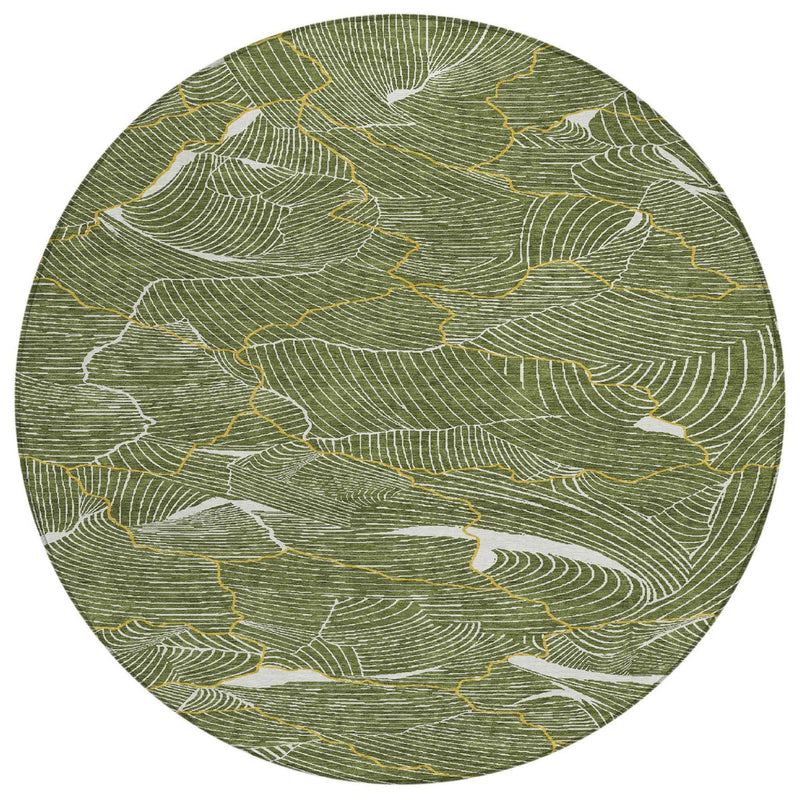 8' Olive Green Gold And Ivory Round Abstract Washable Indoor Outdoor Area Rug