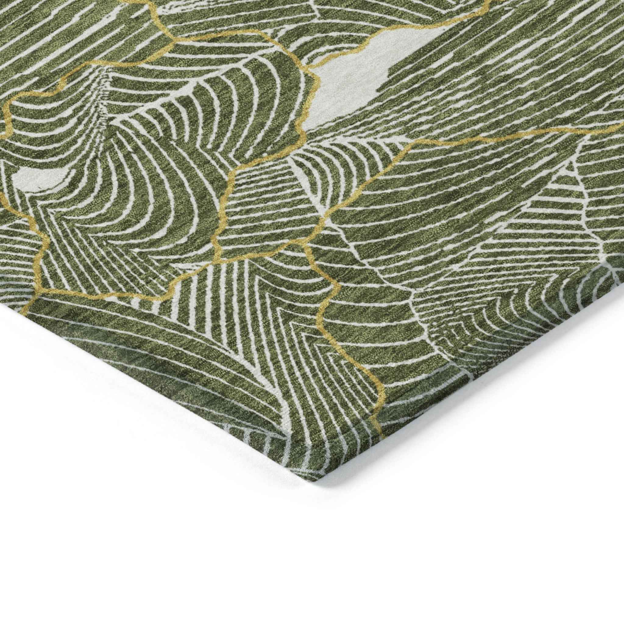 8' Olive Green Gold And Ivory Round Abstract Washable Indoor Outdoor Area Rug